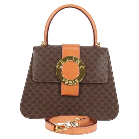 CELINE Circle Macadam Canvas Hand Bag PVC Leather 2way Brown Gold Auth 122270AV - Picture 1 of 15